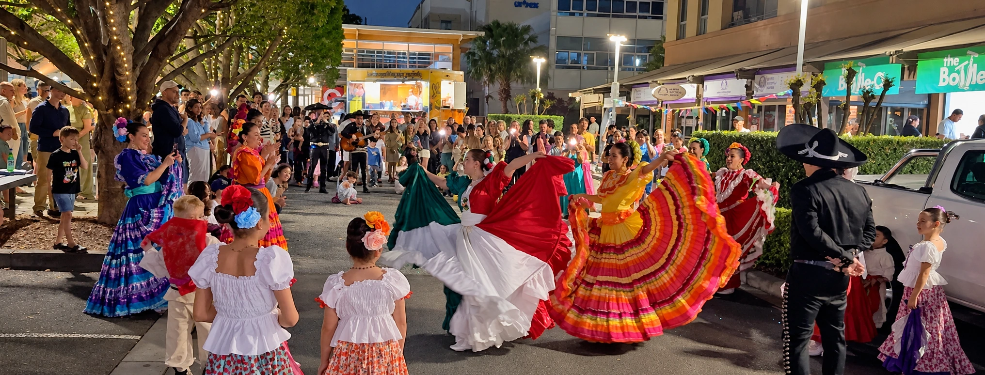 Mexican dance performance and community audience at Mosaic Festival, The Piazza, Wentworth Point